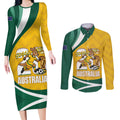 Australia 2026 Soccer Custom Couples Matching Long Sleeve Bodycon Dress and Long Sleeve Button Shirt Go Socceroos Kangaroo Mascot Yellow Sporty