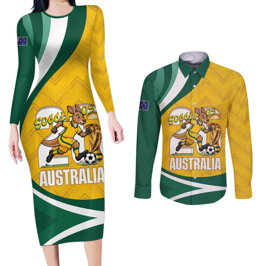 Australia 2026 Soccer Custom Couples Matching Long Sleeve Bodycon Dress and Long Sleeve Button Shirt Go Socceroos Kangaroo Mascot Yellow Sporty