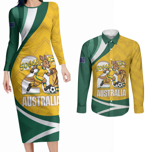 Australia 2026 Soccer Custom Couples Matching Long Sleeve Bodycon Dress and Long Sleeve Button Shirt Go Socceroos Kangaroo Mascot Yellow Sporty