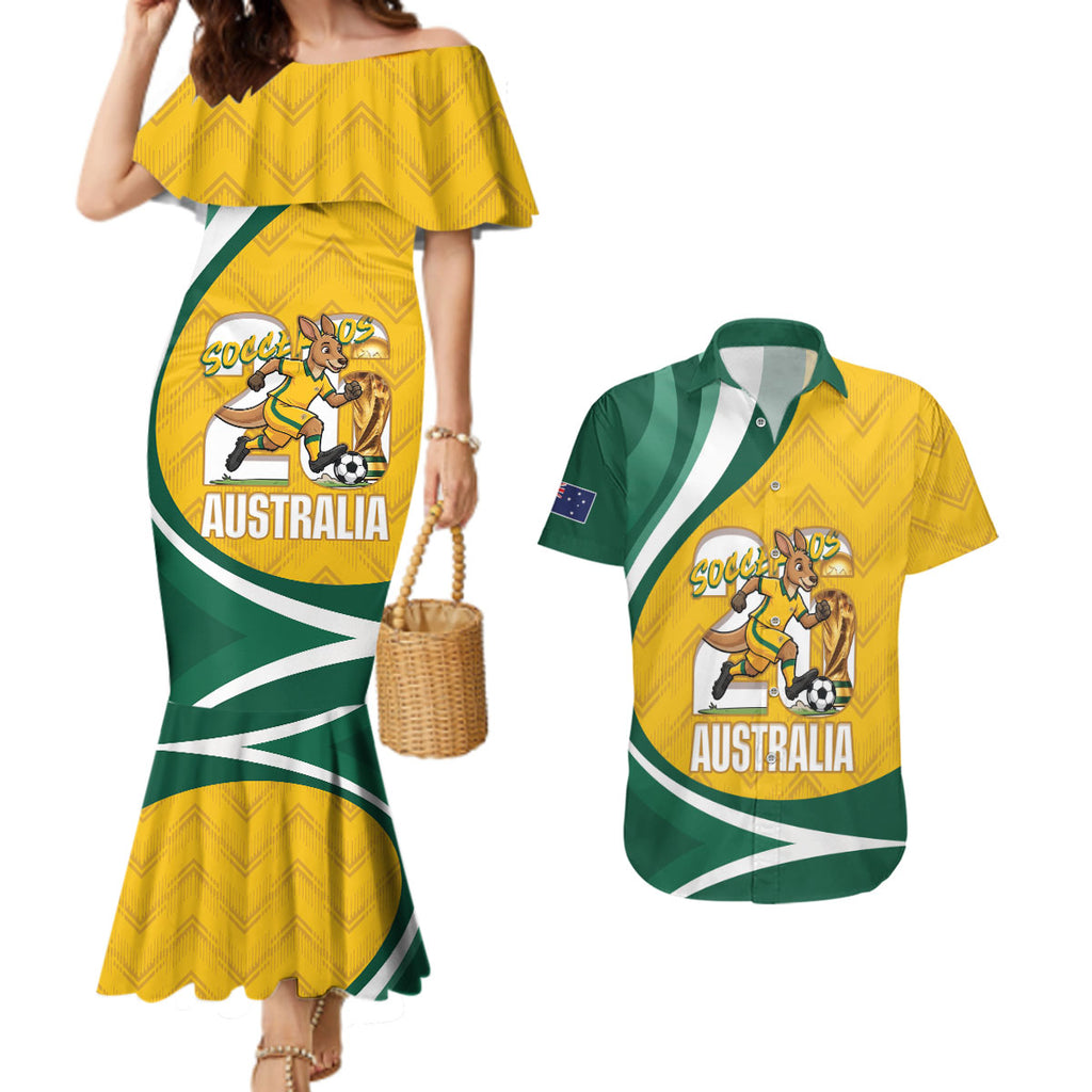 Australia 2026 Soccer Custom Couples Matching Mermaid Dress and Hawaiian Shirt Go Socceroos Kangaroo Mascot Yellow Sporty