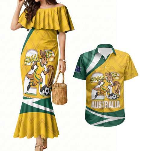 Australia 2026 Soccer Custom Couples Matching Mermaid Dress and Hawaiian Shirt Go Socceroos Kangaroo Mascot Yellow Sporty