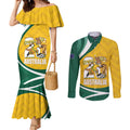 Australia 2026 Soccer Custom Couples Matching Mermaid Dress and Long Sleeve Button Shirt Go Socceroos Kangaroo Mascot Yellow Sporty