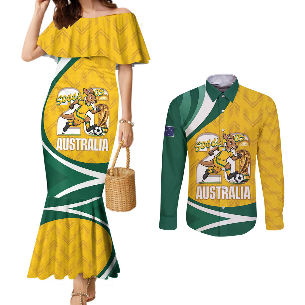 Australia 2026 Soccer Custom Couples Matching Mermaid Dress and Long Sleeve Button Shirt Go Socceroos Kangaroo Mascot Yellow Sporty
