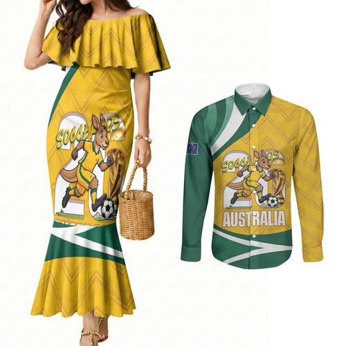 Australia 2026 Soccer Custom Couples Matching Mermaid Dress and Long Sleeve Button Shirt Go Socceroos Kangaroo Mascot Yellow Sporty