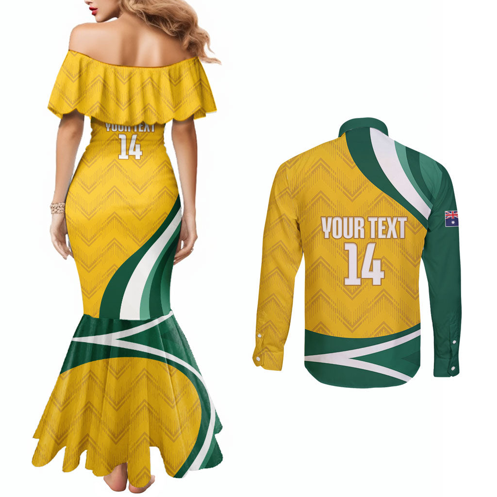 Australia 2026 Soccer Custom Couples Matching Mermaid Dress and Long Sleeve Button Shirt Go Socceroos Kangaroo Mascot Yellow Sporty