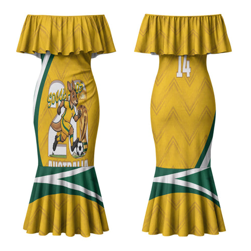Australia 2026 Soccer Custom Couples Matching Mermaid Dress and Long Sleeve Button Shirt Go Socceroos Kangaroo Mascot Yellow Sporty LT14