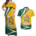 Australia 2026 Soccer Custom Couples Matching Off Shoulder Maxi Dress and Hawaiian Shirt Go Socceroos Kangaroo Mascot Yellow Sporty