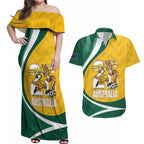 Australia 2026 Soccer Custom Couples Matching Off Shoulder Maxi Dress and Hawaiian Shirt Go Socceroos Kangaroo Mascot Yellow Sporty