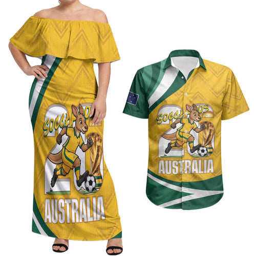 Australia 2026 Soccer Custom Couples Matching Off Shoulder Maxi Dress and Hawaiian Shirt Go Socceroos Kangaroo Mascot Yellow Sporty