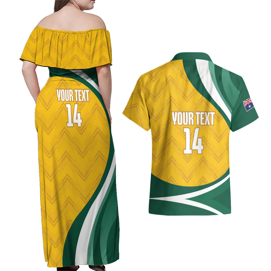 Australia 2026 Soccer Custom Couples Matching Off Shoulder Maxi Dress and Hawaiian Shirt Go Socceroos Kangaroo Mascot Yellow Sporty