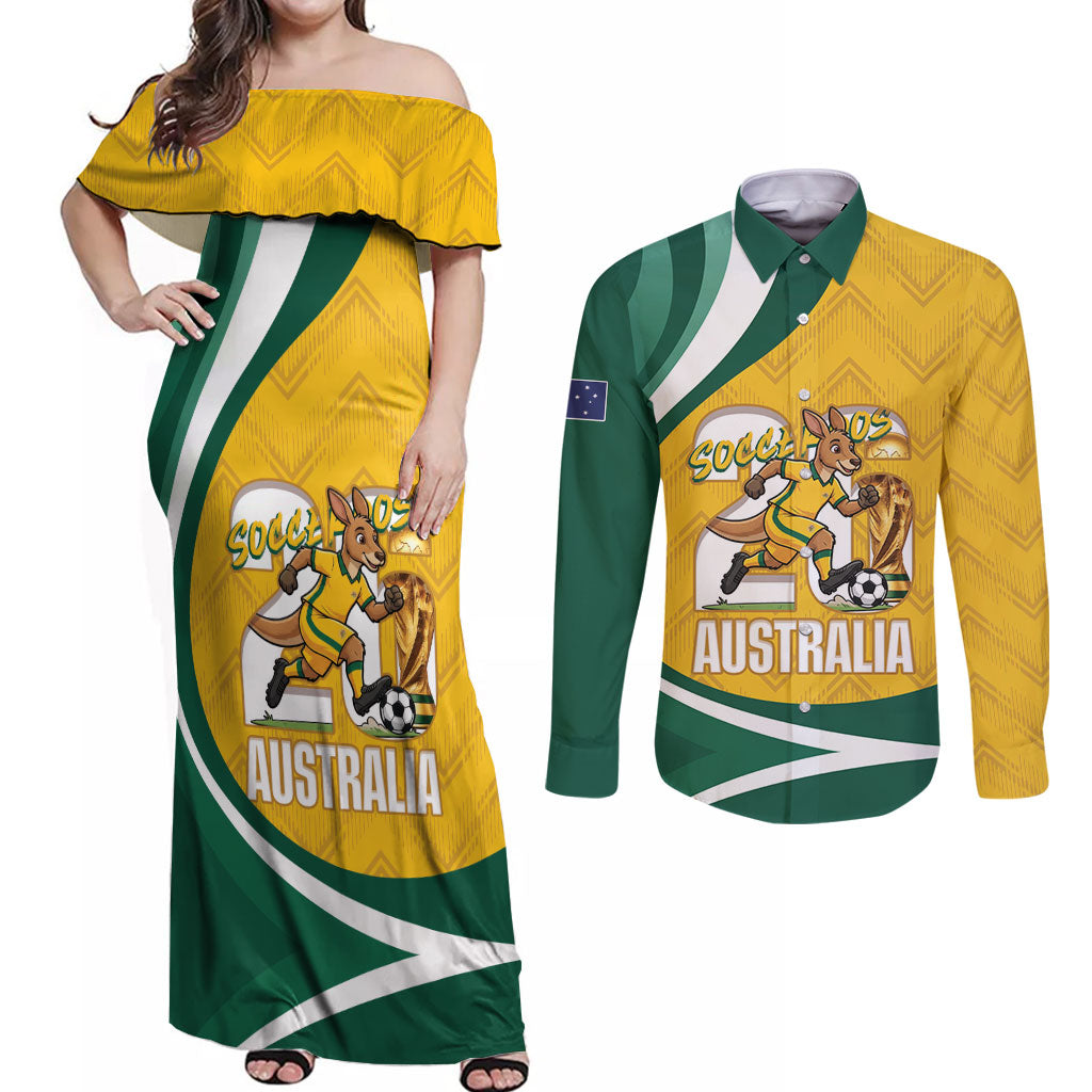 Australia 2026 Soccer Custom Couples Matching Off Shoulder Maxi Dress and Long Sleeve Button Shirt Go Socceroos Kangaroo Mascot Yellow Sporty