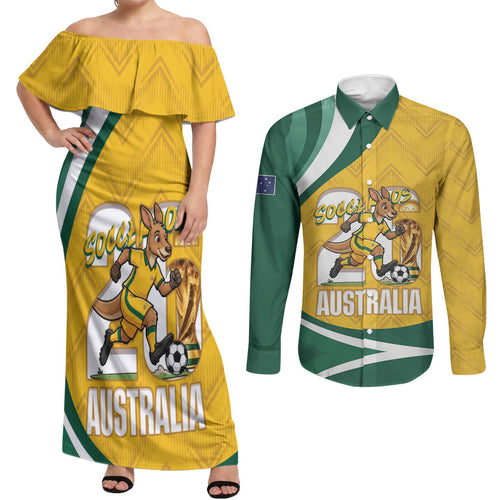 Australia 2026 Soccer Custom Couples Matching Off Shoulder Maxi Dress and Long Sleeve Button Shirt Go Socceroos Kangaroo Mascot Yellow Sporty