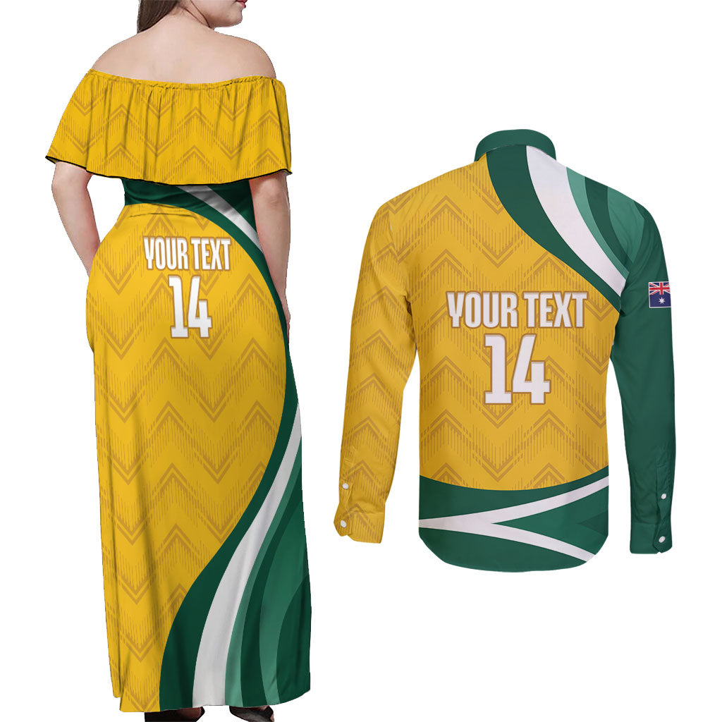 Australia 2026 Soccer Custom Couples Matching Off Shoulder Maxi Dress and Long Sleeve Button Shirt Go Socceroos Kangaroo Mascot Yellow Sporty