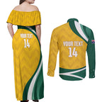 Australia 2026 Soccer Custom Couples Matching Off Shoulder Maxi Dress and Long Sleeve Button Shirt Go Socceroos Kangaroo Mascot Yellow Sporty