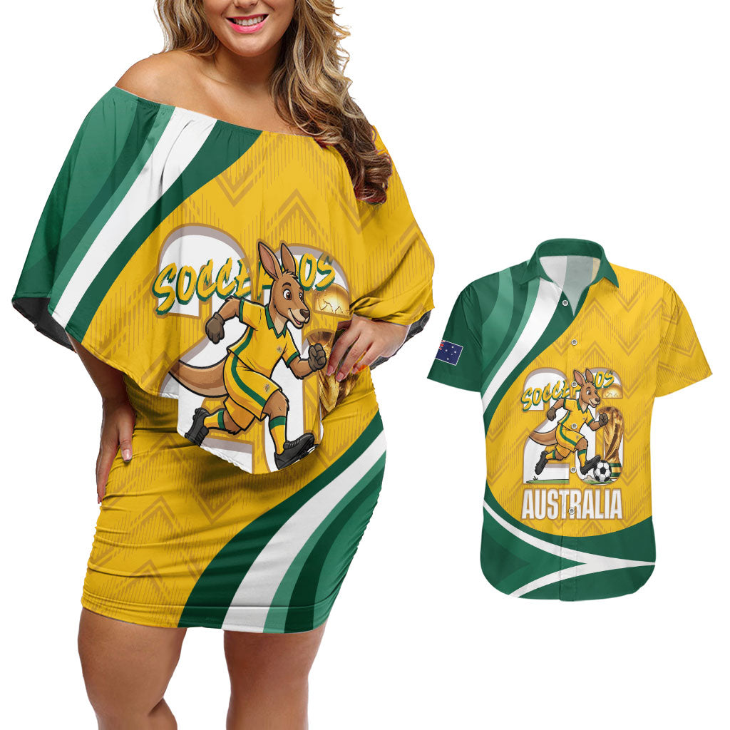Australia 2026 Soccer Custom Couples Matching Off Shoulder Short Dress and Hawaiian Shirt Go Socceroos Kangaroo Mascot Yellow Sporty