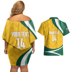 Australia 2026 Soccer Custom Couples Matching Off Shoulder Short Dress and Hawaiian Shirt Go Socceroos Kangaroo Mascot Yellow Sporty