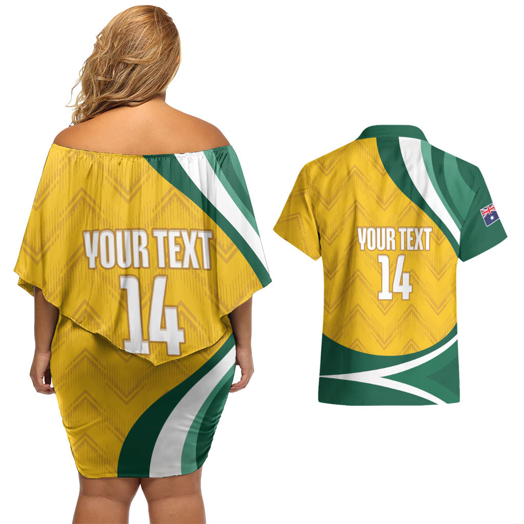Australia 2026 Soccer Custom Couples Matching Off Shoulder Short Dress and Hawaiian Shirt Go Socceroos Kangaroo Mascot Yellow Sporty