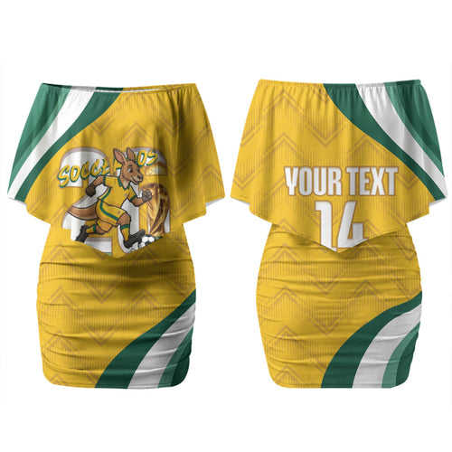 Australia 2026 Soccer Custom Couples Matching Off Shoulder Short Dress and Hawaiian Shirt Go Socceroos Kangaroo Mascot Yellow Sporty