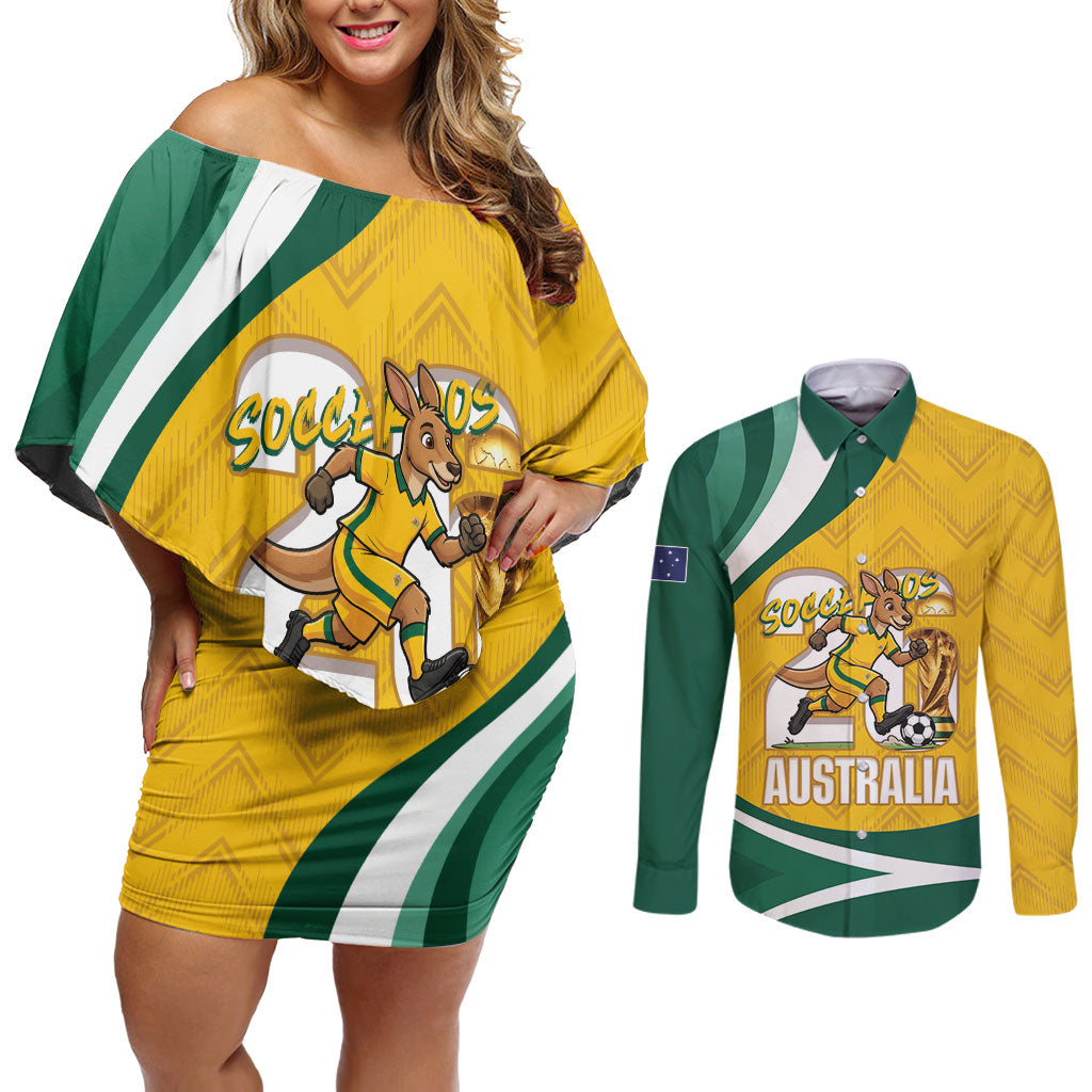 Australia 2026 Soccer Custom Couples Matching Off Shoulder Short Dress and Long Sleeve Button Shirt Go Socceroos Kangaroo Mascot Yellow Sporty