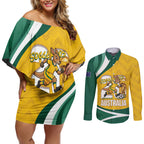 Australia 2026 Soccer Custom Couples Matching Off Shoulder Short Dress and Long Sleeve Button Shirt Go Socceroos Kangaroo Mascot Yellow Sporty