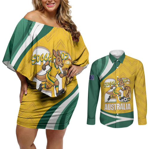 Australia 2026 Soccer Custom Couples Matching Off Shoulder Short Dress and Long Sleeve Button Shirt Go Socceroos Kangaroo Mascot Yellow Sporty