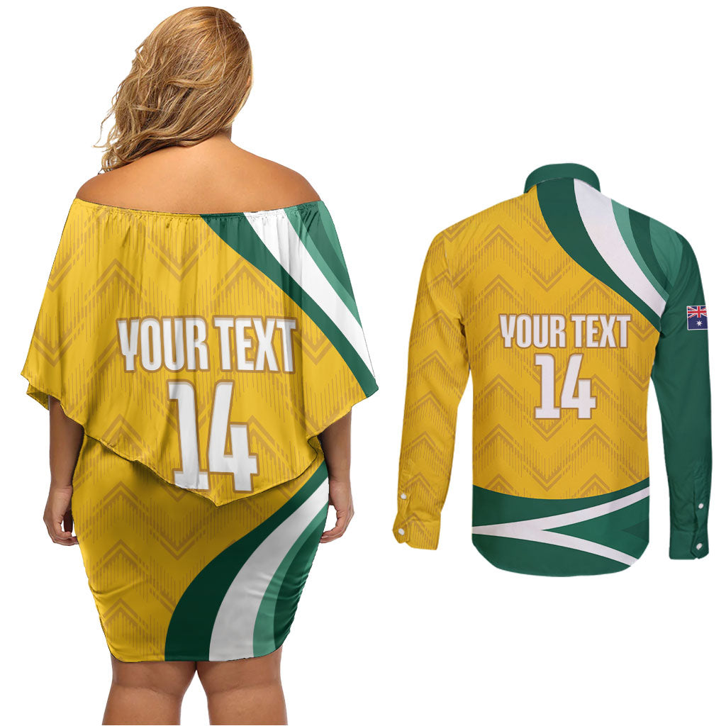 Australia 2026 Soccer Custom Couples Matching Off Shoulder Short Dress and Long Sleeve Button Shirt Go Socceroos Kangaroo Mascot Yellow Sporty
