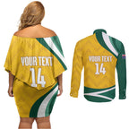 Australia 2026 Soccer Custom Couples Matching Off Shoulder Short Dress and Long Sleeve Button Shirt Go Socceroos Kangaroo Mascot Yellow Sporty