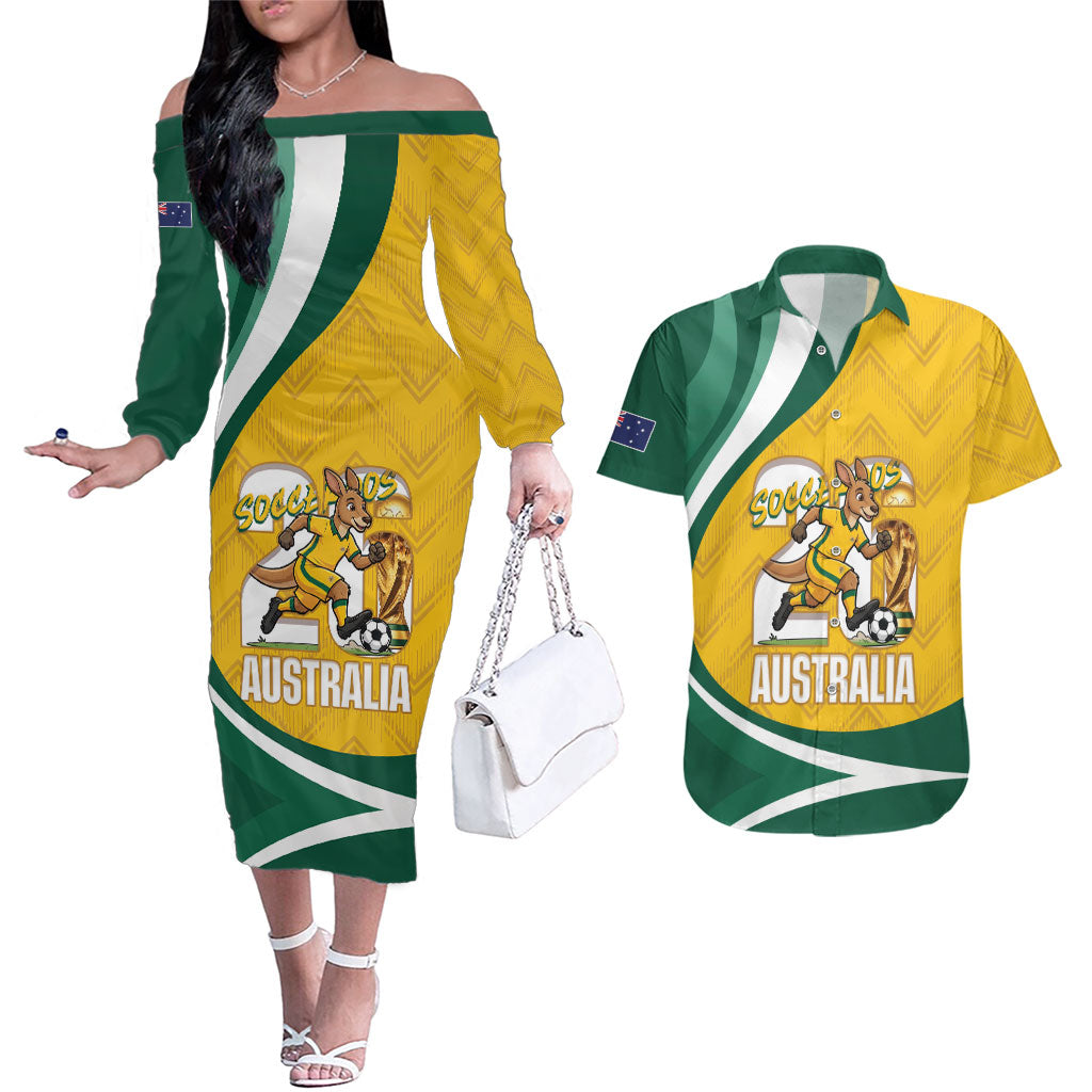 Australia 2026 Soccer Custom Couples Matching Off The Shoulder Long Sleeve Dress and Hawaiian Shirt Go Socceroos Kangaroo Mascot Yellow Sporty