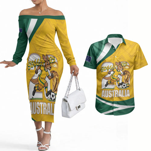 Australia 2026 Soccer Custom Couples Matching Off The Shoulder Long Sleeve Dress and Hawaiian Shirt Go Socceroos Kangaroo Mascot Yellow Sporty