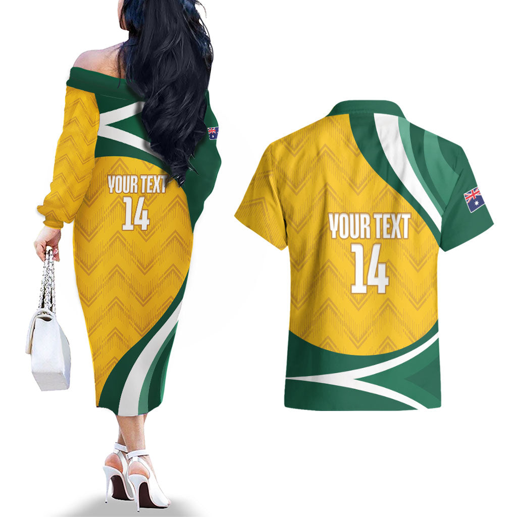 Australia 2026 Soccer Custom Couples Matching Off The Shoulder Long Sleeve Dress and Hawaiian Shirt Go Socceroos Kangaroo Mascot Yellow Sporty