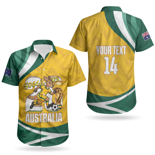 Australia 2026 Soccer Custom Couples Matching Off The Shoulder Long Sleeve Dress and Hawaiian Shirt Go Socceroos Kangaroo Mascot Yellow Sporty