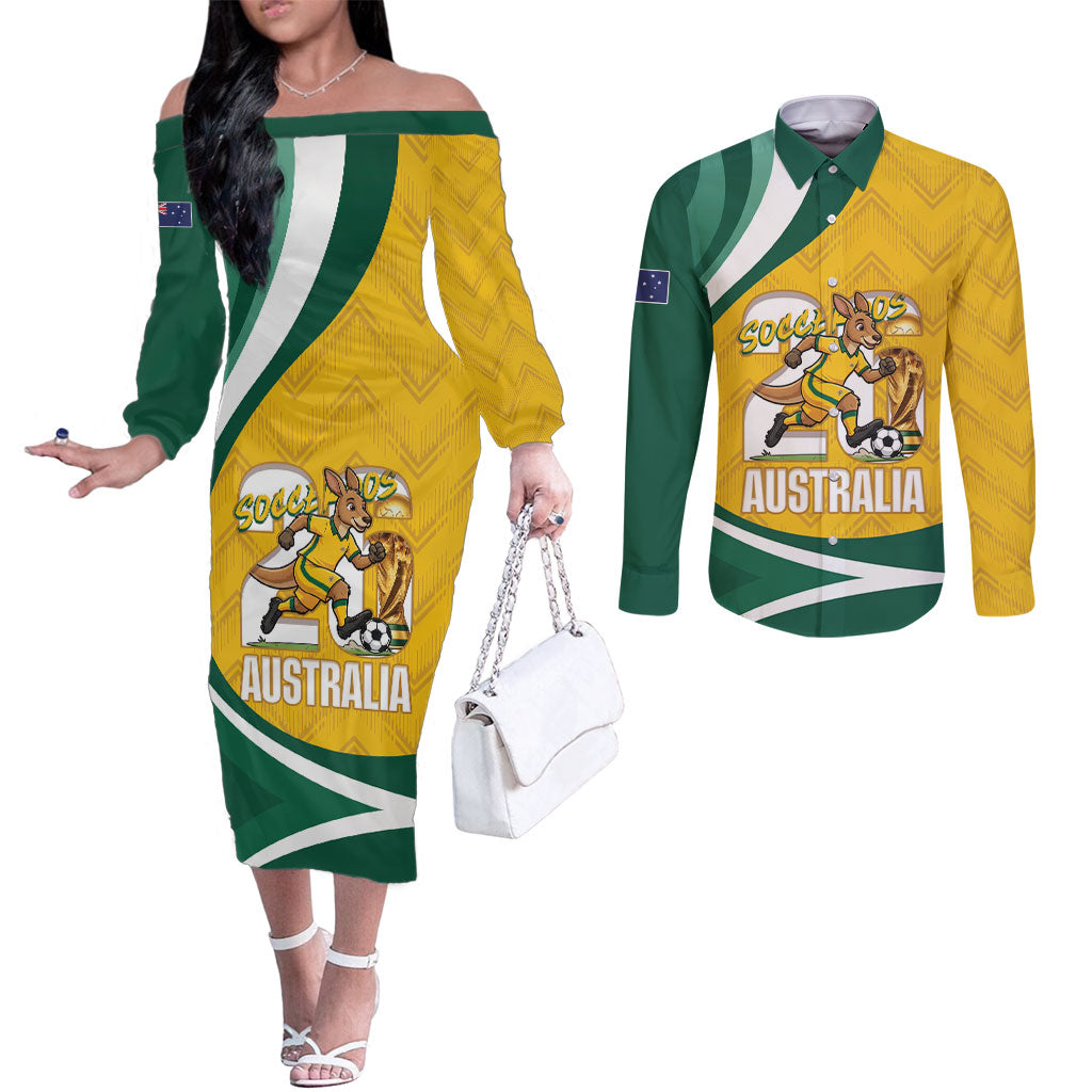 Australia 2026 Soccer Custom Couples Matching Off The Shoulder Long Sleeve Dress and Long Sleeve Button Shirt Go Socceroos Kangaroo Mascot Yellow Sporty