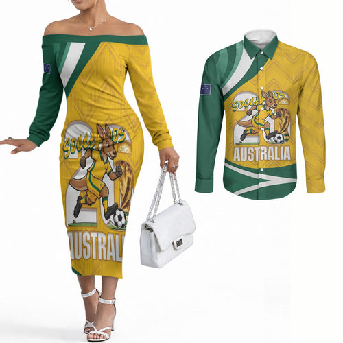 Australia 2026 Soccer Custom Couples Matching Off The Shoulder Long Sleeve Dress and Long Sleeve Button Shirt Go Socceroos Kangaroo Mascot Yellow Sporty