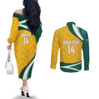 Australia 2026 Soccer Custom Couples Matching Off The Shoulder Long Sleeve Dress and Long Sleeve Button Shirt Go Socceroos Kangaroo Mascot Yellow Sporty
