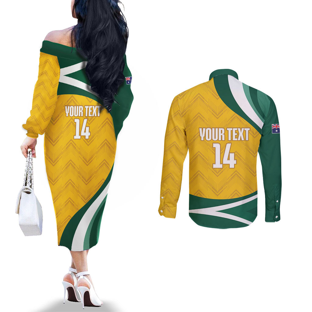 Australia 2026 Soccer Custom Couples Matching Off The Shoulder Long Sleeve Dress and Long Sleeve Button Shirt Go Socceroos Kangaroo Mascot Yellow Sporty