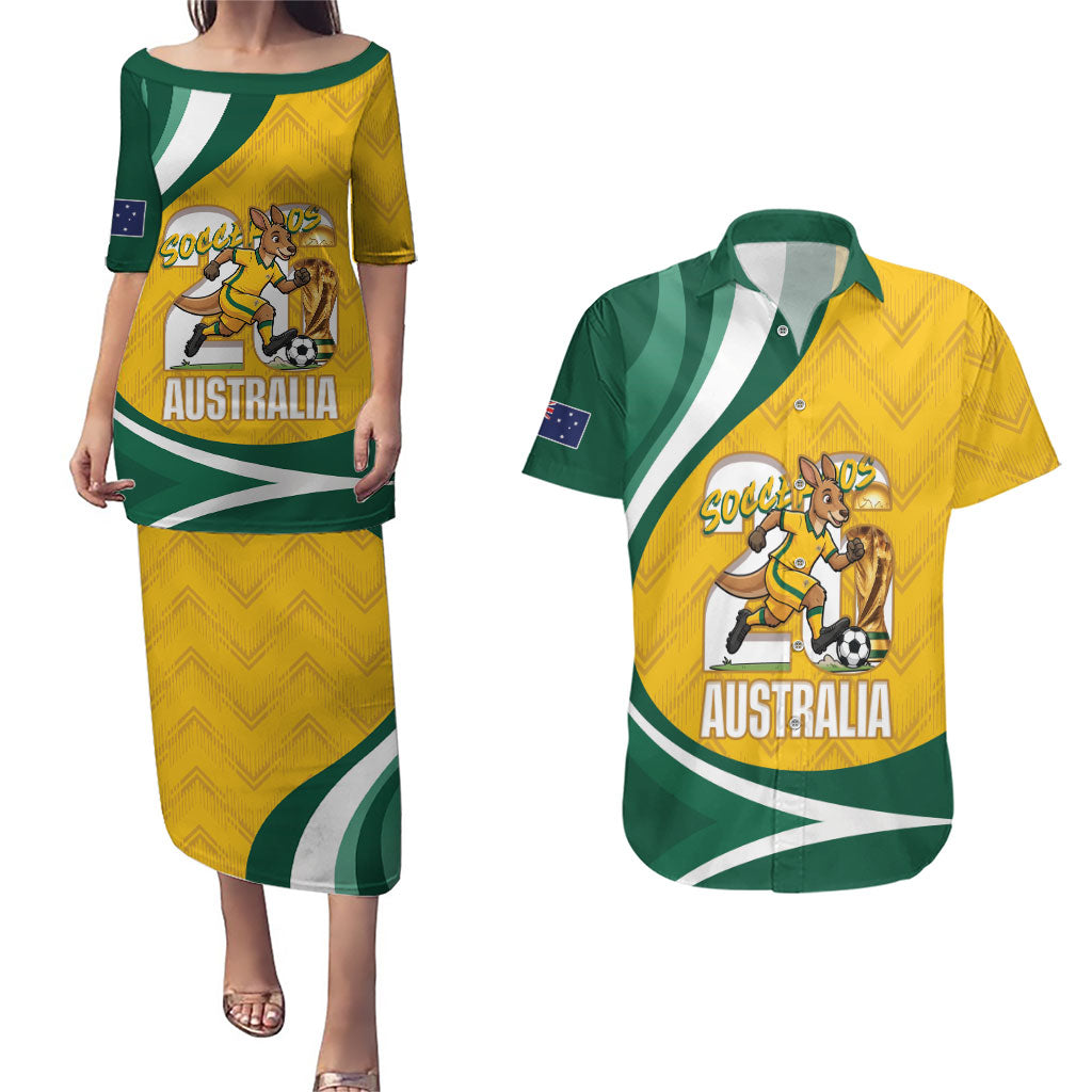 Australia 2026 Soccer Custom Couples Matching Puletasi and Hawaiian Shirt Go Socceroos Kangaroo Mascot Yellow Sporty