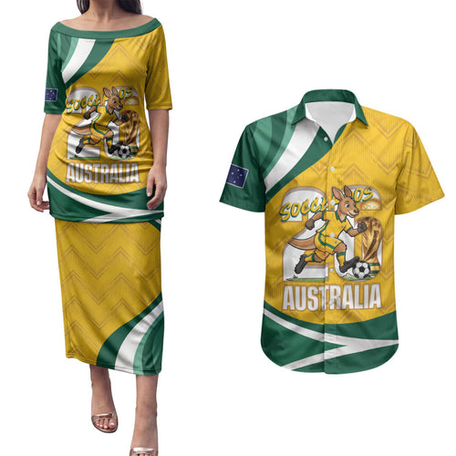 Australia 2026 Soccer Custom Couples Matching Puletasi and Hawaiian Shirt Go Socceroos Kangaroo Mascot Yellow Sporty