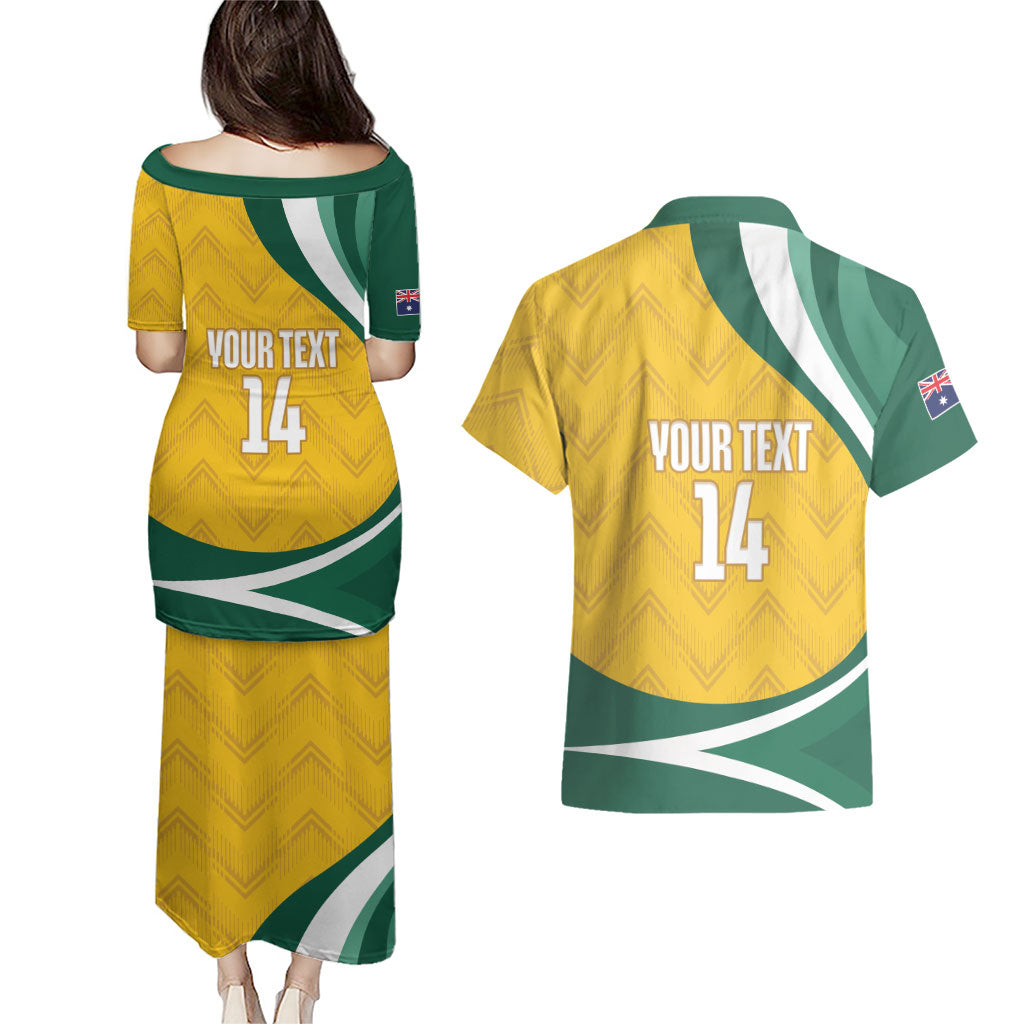 Australia 2026 Soccer Custom Couples Matching Puletasi and Hawaiian Shirt Go Socceroos Kangaroo Mascot Yellow Sporty