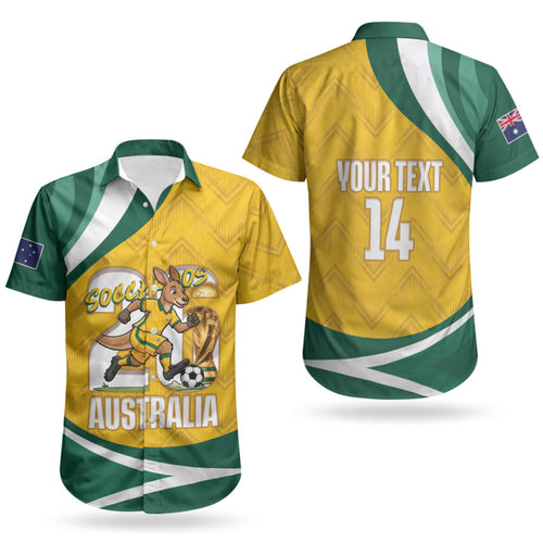 Australia 2026 Soccer Custom Couples Matching Puletasi and Hawaiian Shirt Go Socceroos Kangaroo Mascot Yellow Sporty