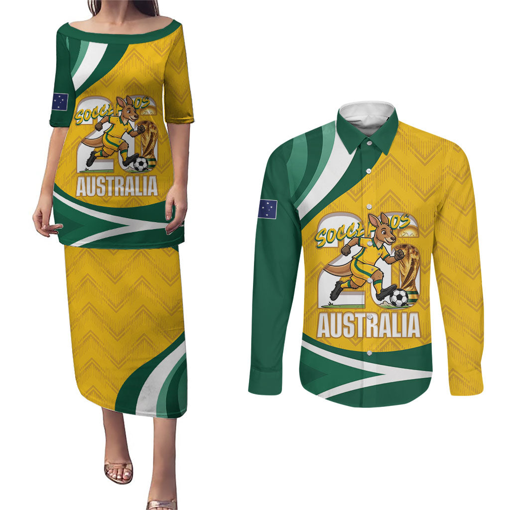 Australia 2026 Soccer Custom Couples Matching Puletasi and Long Sleeve Button Shirt Go Socceroos Kangaroo Mascot Yellow Sporty