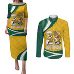 Australia 2026 Soccer Custom Couples Matching Puletasi and Long Sleeve Button Shirt Go Socceroos Kangaroo Mascot Yellow Sporty