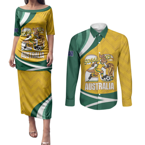 Australia 2026 Soccer Custom Couples Matching Puletasi and Long Sleeve Button Shirt Go Socceroos Kangaroo Mascot Yellow Sporty