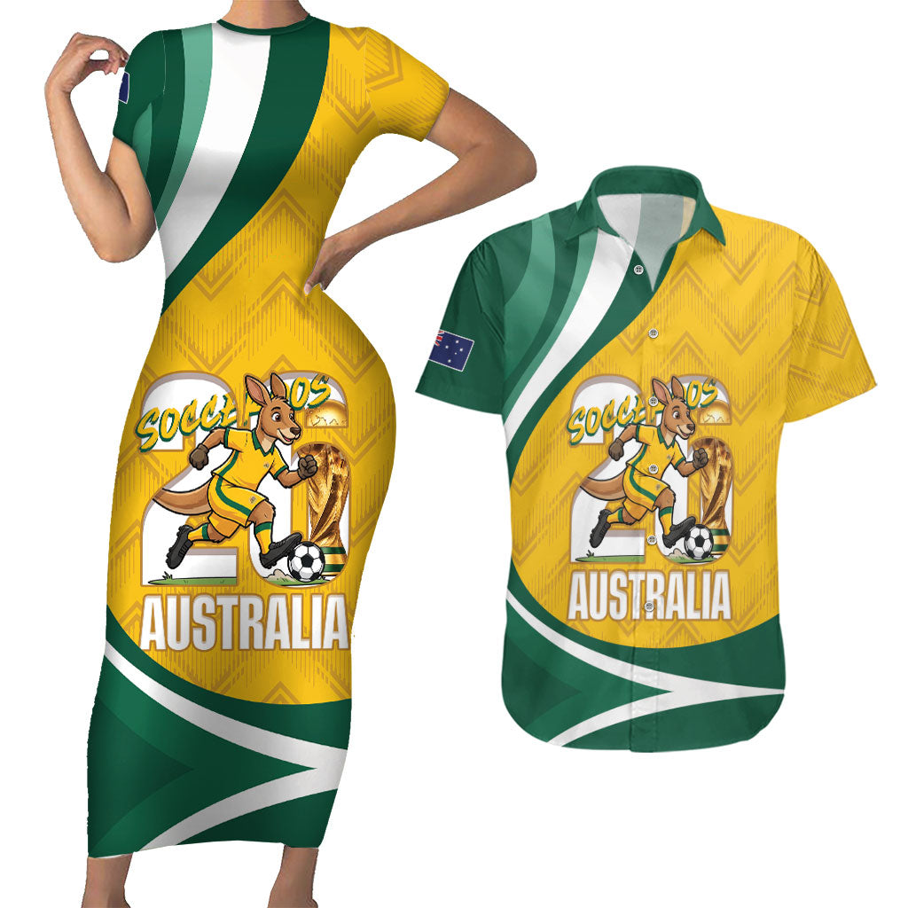 Australia 2026 Soccer Custom Couples Matching Short Sleeve Bodycon Dress and Hawaiian Shirt Go Socceroos Kangaroo Mascot Yellow Sporty