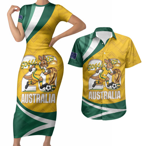 Australia 2026 Soccer Custom Couples Matching Short Sleeve Bodycon Dress and Hawaiian Shirt Go Socceroos Kangaroo Mascot Yellow Sporty