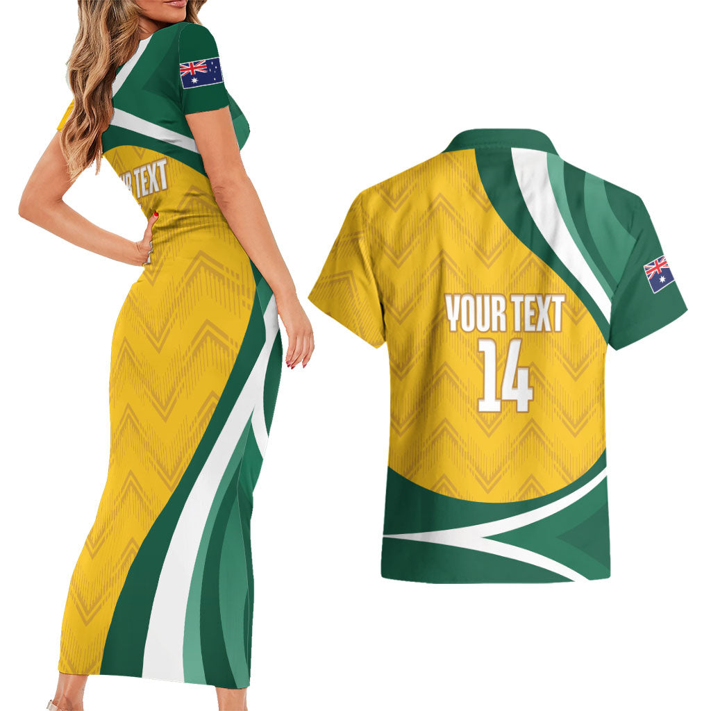 Australia 2026 Soccer Custom Couples Matching Short Sleeve Bodycon Dress and Hawaiian Shirt Go Socceroos Kangaroo Mascot Yellow Sporty