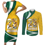 Australia 2026 Soccer Custom Couples Matching Short Sleeve Bodycon Dress and Long Sleeve Button Shirt Go Socceroos Kangaroo Mascot Yellow Sporty