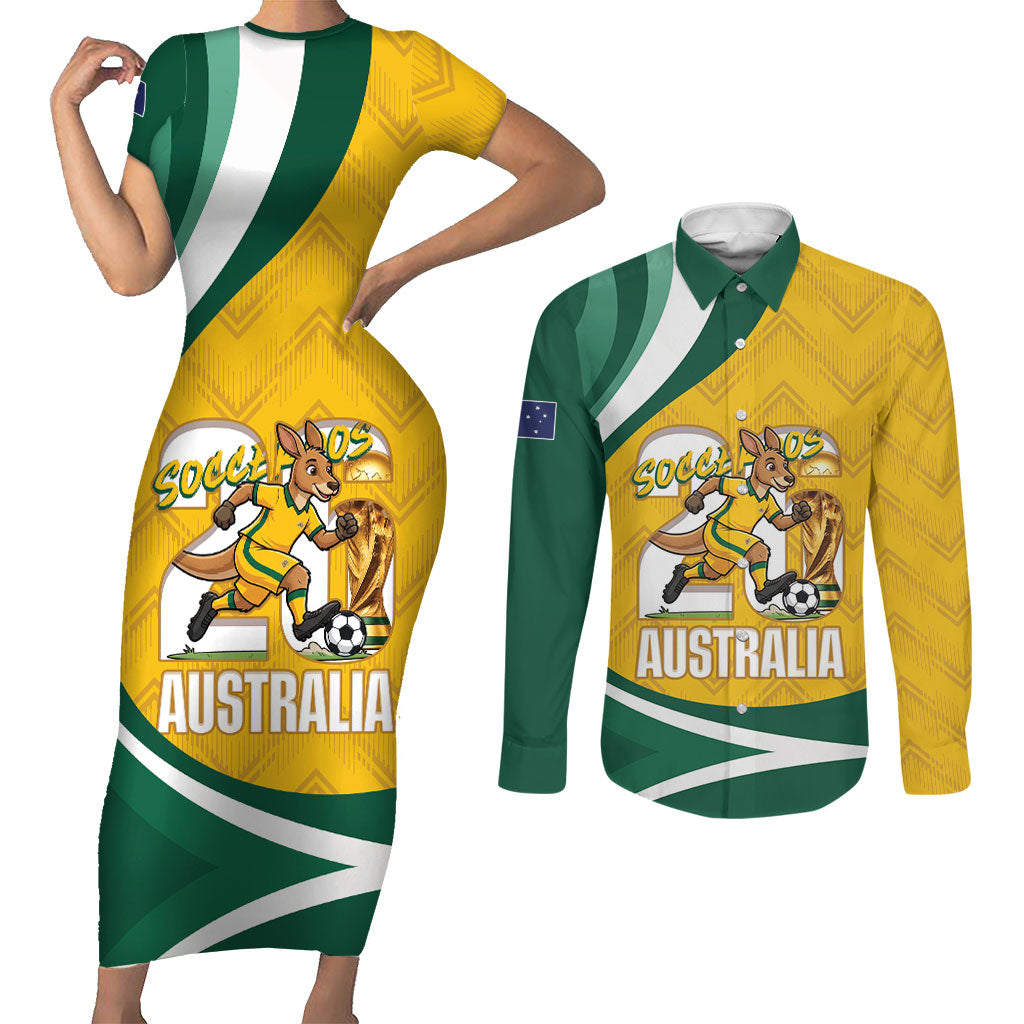 Australia 2026 Soccer Custom Couples Matching Short Sleeve Bodycon Dress and Long Sleeve Button Shirt Go Socceroos Kangaroo Mascot Yellow Sporty