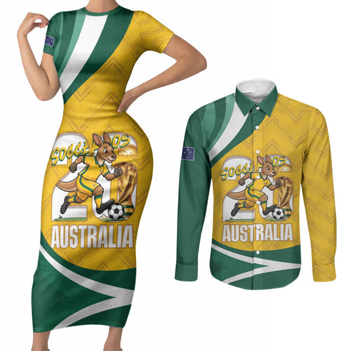 Australia 2026 Soccer Custom Couples Matching Short Sleeve Bodycon Dress and Long Sleeve Button Shirt Go Socceroos Kangaroo Mascot Yellow Sporty