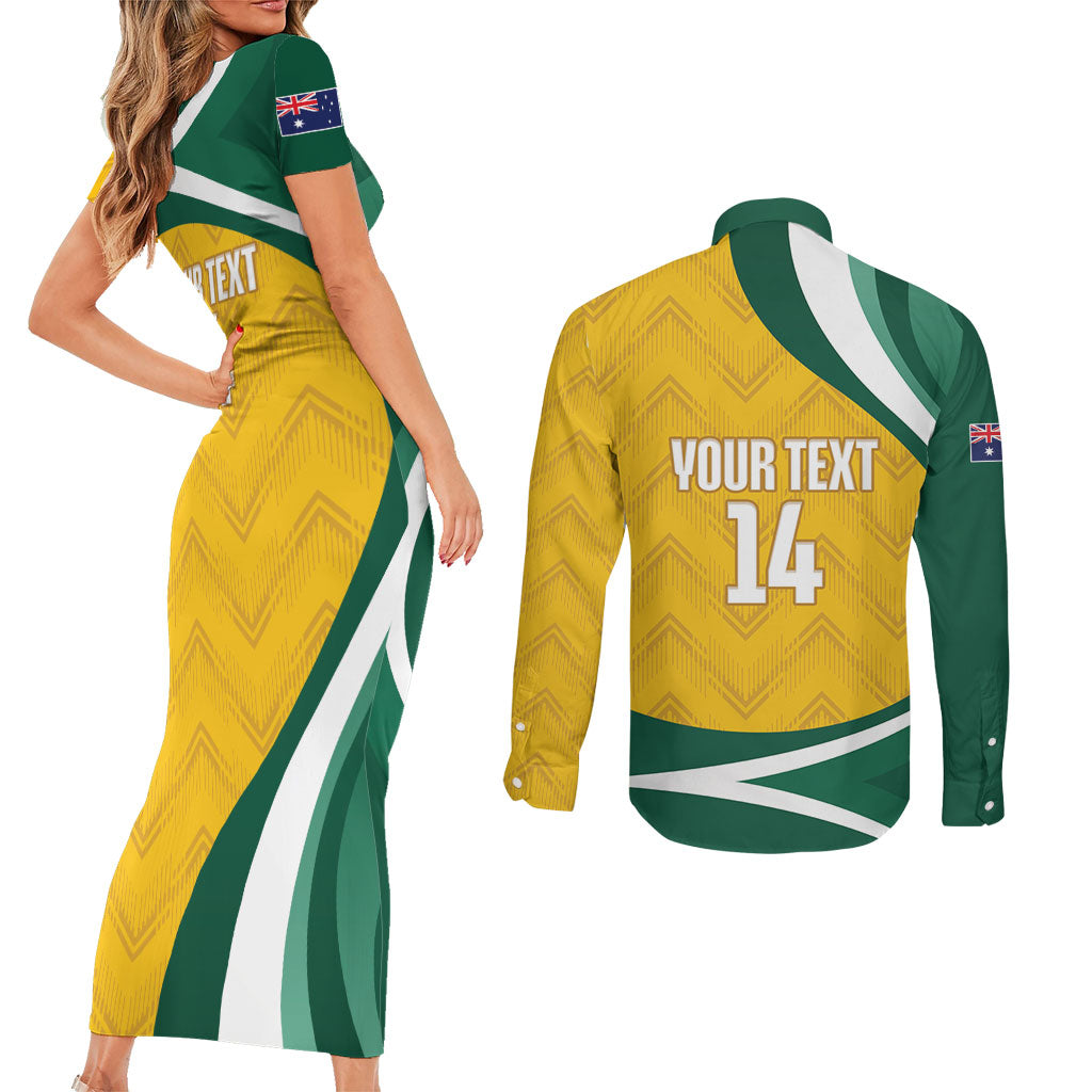 Australia 2026 Soccer Custom Couples Matching Short Sleeve Bodycon Dress and Long Sleeve Button Shirt Go Socceroos Kangaroo Mascot Yellow Sporty