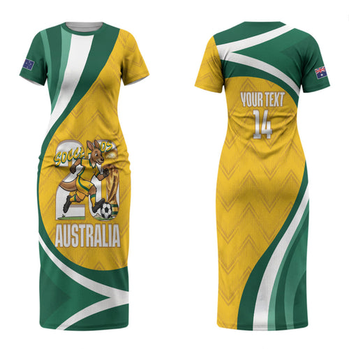 Australia 2026 Soccer Custom Couples Matching Short Sleeve Bodycon Dress and Long Sleeve Button Shirt Go Socceroos Kangaroo Mascot Yellow Sporty LT14